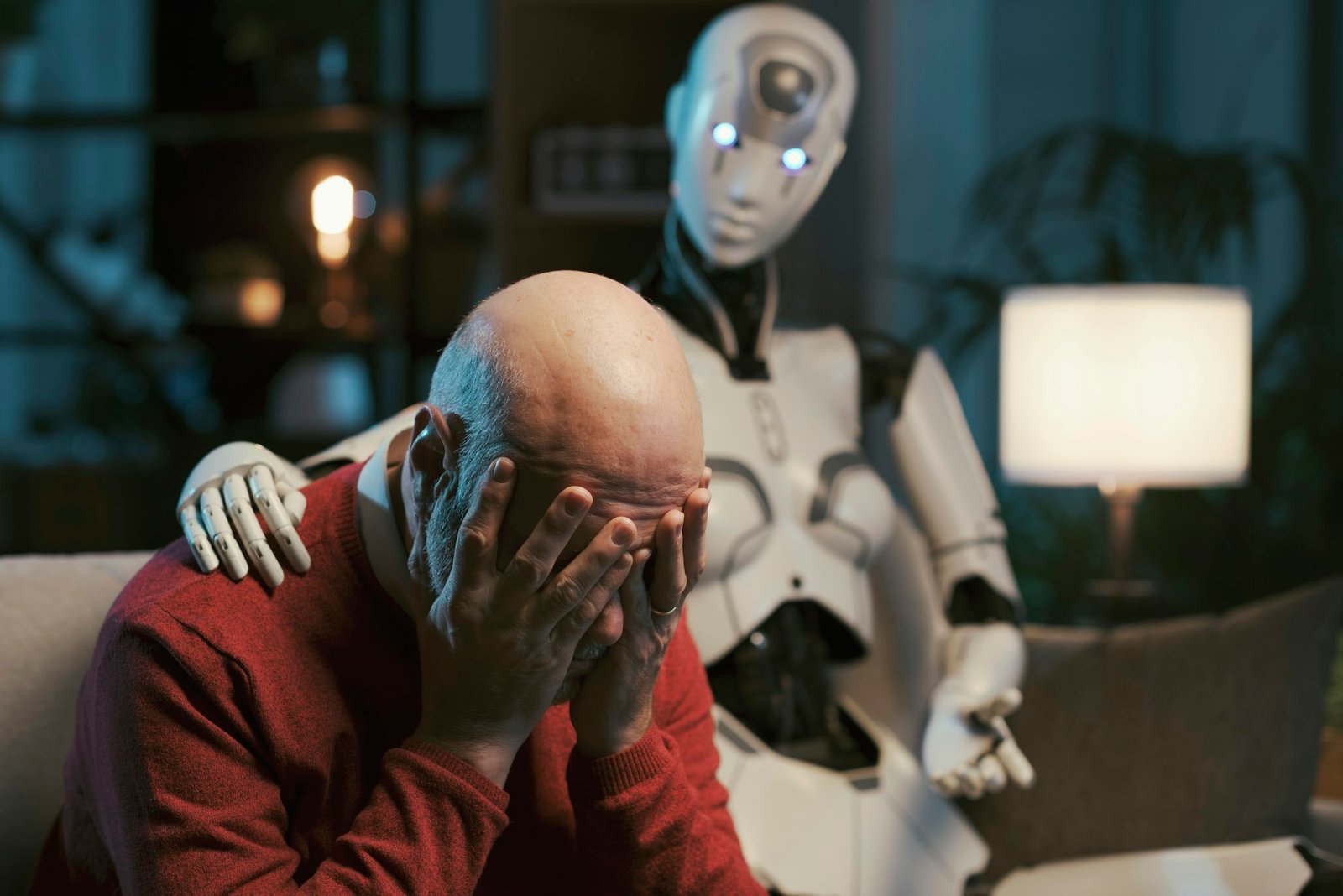 AI robot consoling a sad lonely man